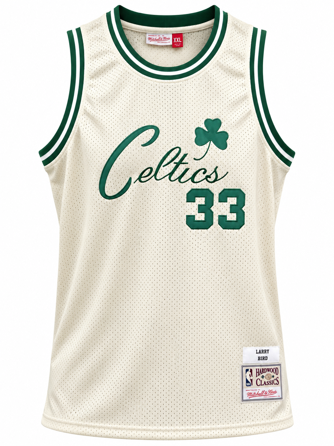 Regata creme do Boston Celtics com o 33 de Larry Bird, sem mangas