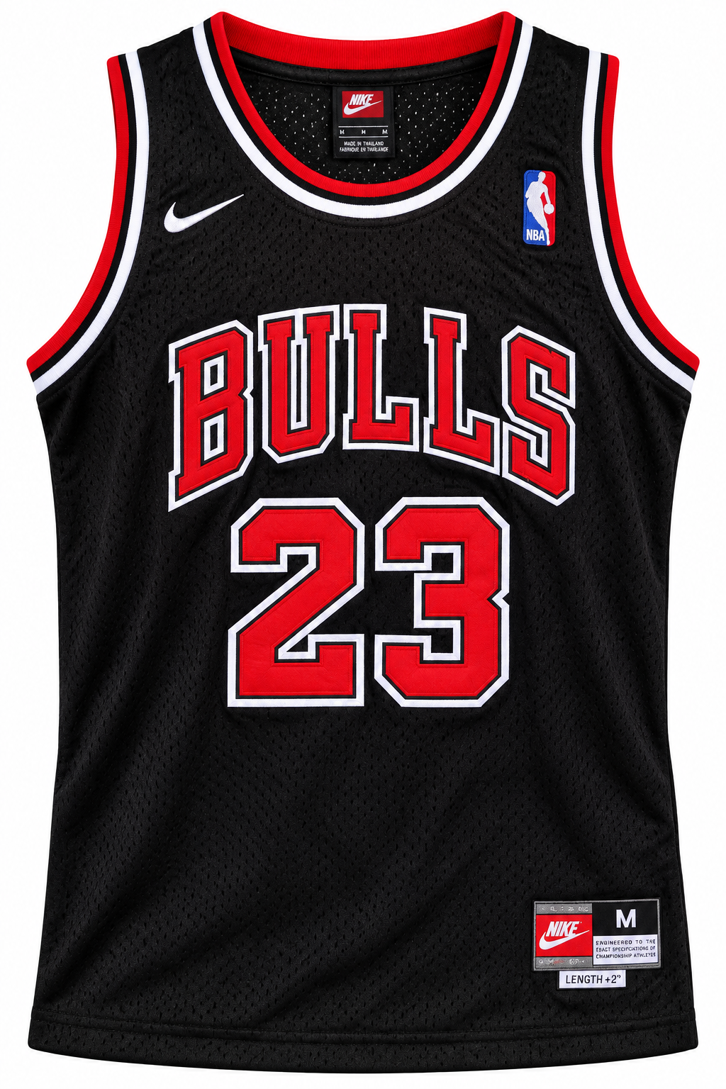 Esqueleto negro de Chicago Bulls con BULLS y el 23 de Michael Jordan en rojo