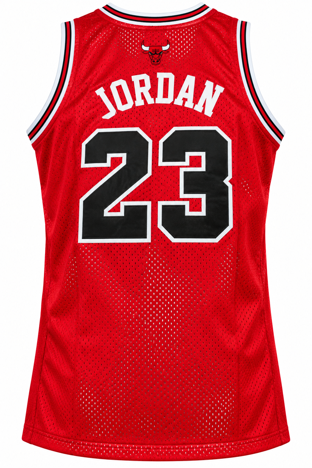 Back of the red Chicago Bulls tank jersey with JORDAN and 23