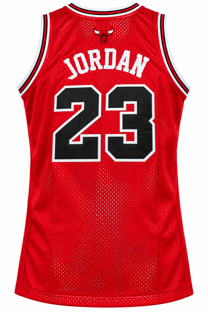 Back of the red Chicago Bulls tank jersey with JORDAN and 23