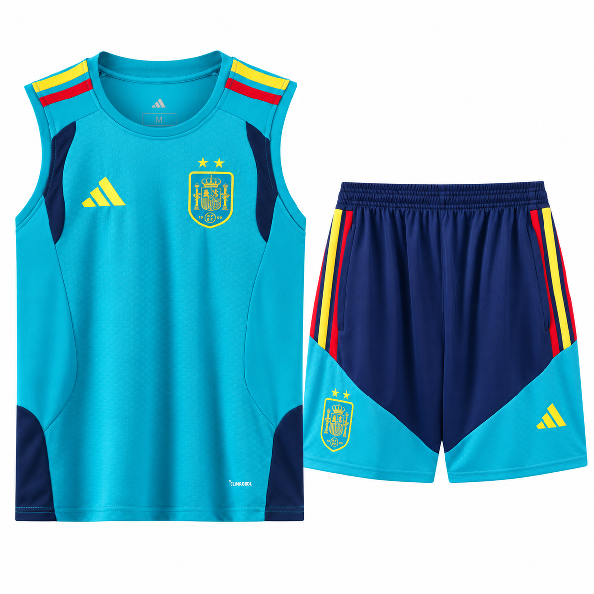Spain national team sleeveless top and shorts set in turquoise and blue