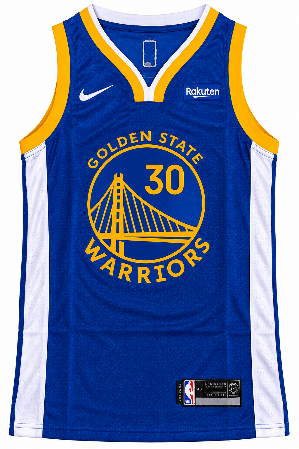 Regata azul do Golden State Warriors com a ponte e o 30 de Stephen Curry na frente