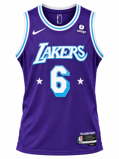 Regata roxa do Los Angeles Lakers com o 6, sem mangas