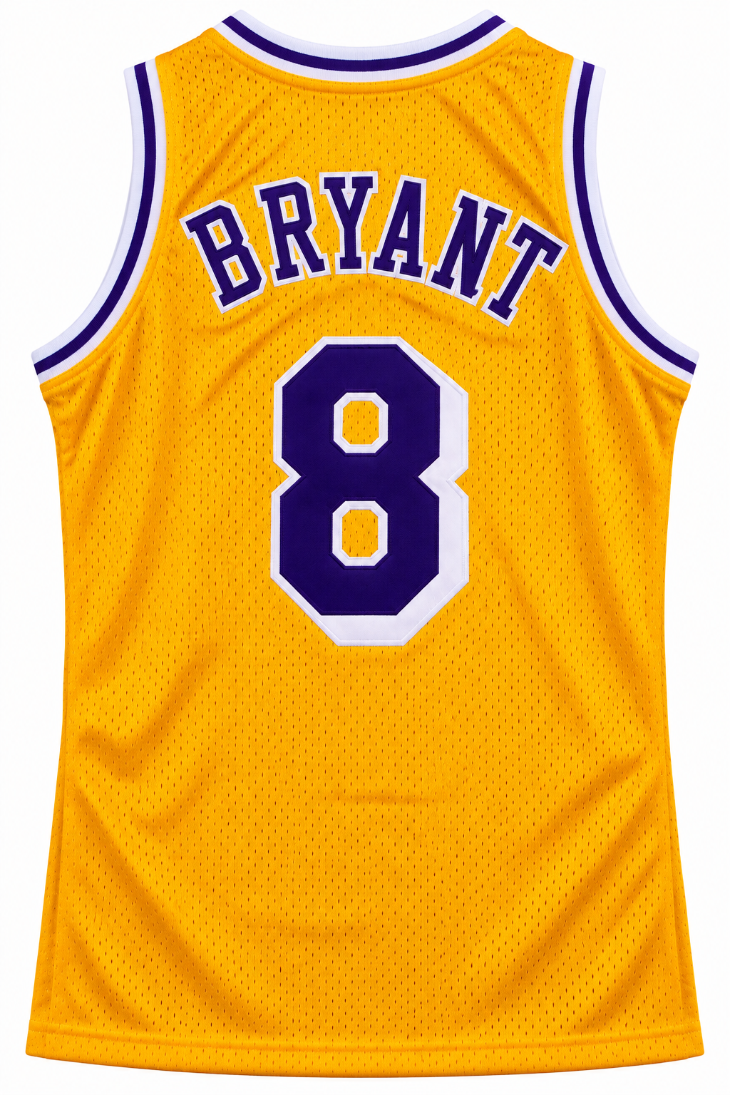 Costas da regata amarela do Los Angeles Lakers com BRYANT e o 8