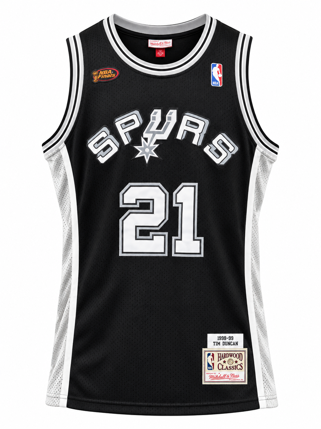 Regata preta do San Antonio Spurs com o 21 de Tim Duncan, sem mangas