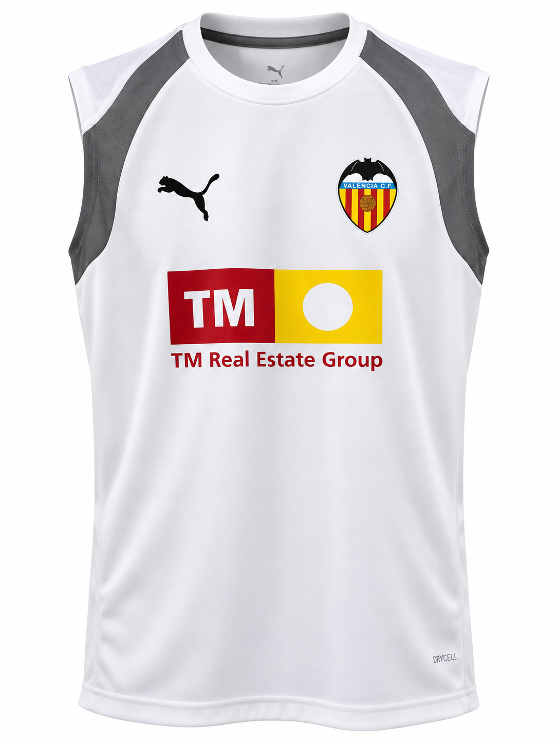 Esqueleto de entrenamiento del Valencia CF blanco, sin mangas, con sisas grises y TM al pecho