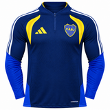 Fleece de entrenamiento de Boca Juniors azul oscuro con medio cierre, paneles amarillos y rayas blancas en los hombros