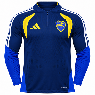 Fleece de entrenamiento de Boca Juniors azul oscuro con medio cierre, paneles amarillos y rayas blancas en los hombros