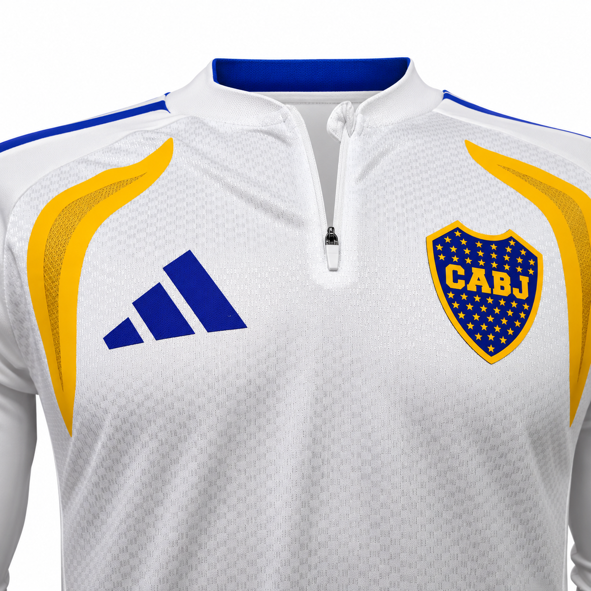 Detalle del pecho del fleece blanco de Boca Juniors, con los paneles amarillos y el medio cierre