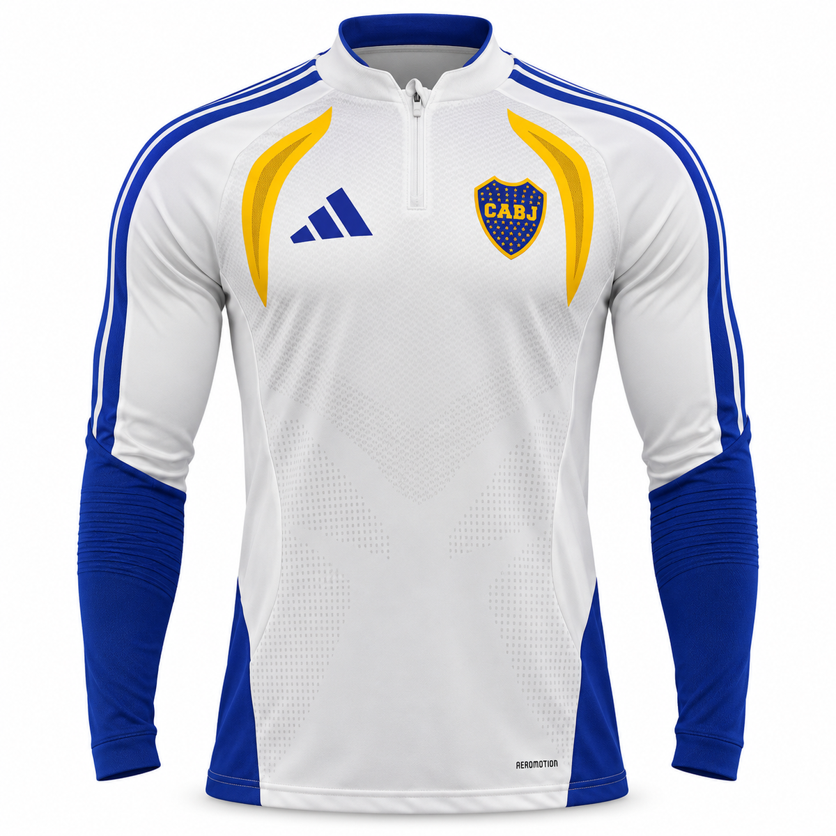 Fleece de entrenamiento de Boca Juniors blanco con medio cierre, paneles amarillos al pecho y mangas azul rey