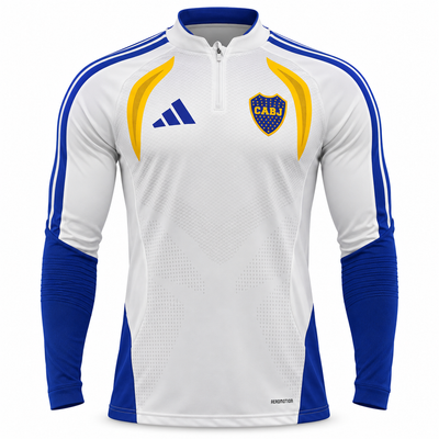 Fleece de entrenamiento de Boca Juniors blanco con medio cierre, paneles amarillos al pecho y mangas azul rey