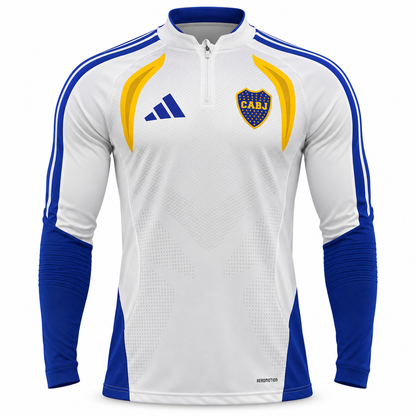 Fleece de entrenamiento de Boca Juniors blanco con medio cierre, paneles amarillos al pecho y mangas azul rey