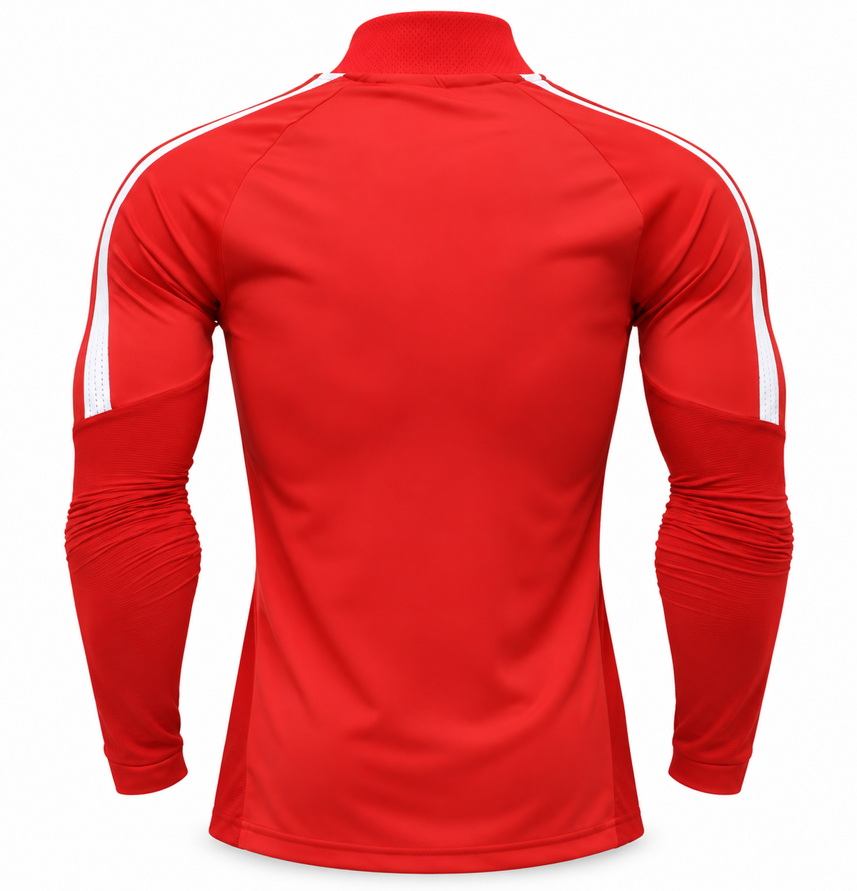 Espalda del fleece rojo de River Plate, con las rayas blancas de los hombros