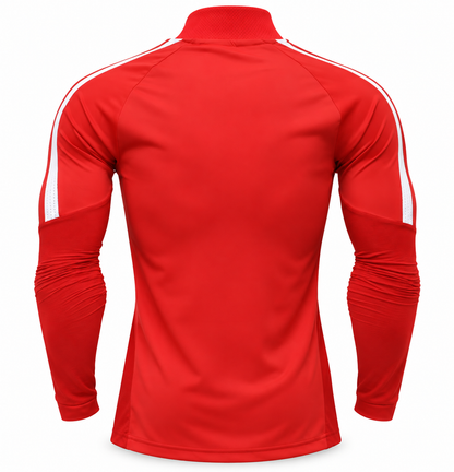 Espalda del fleece rojo de River Plate, con las rayas blancas de los hombros