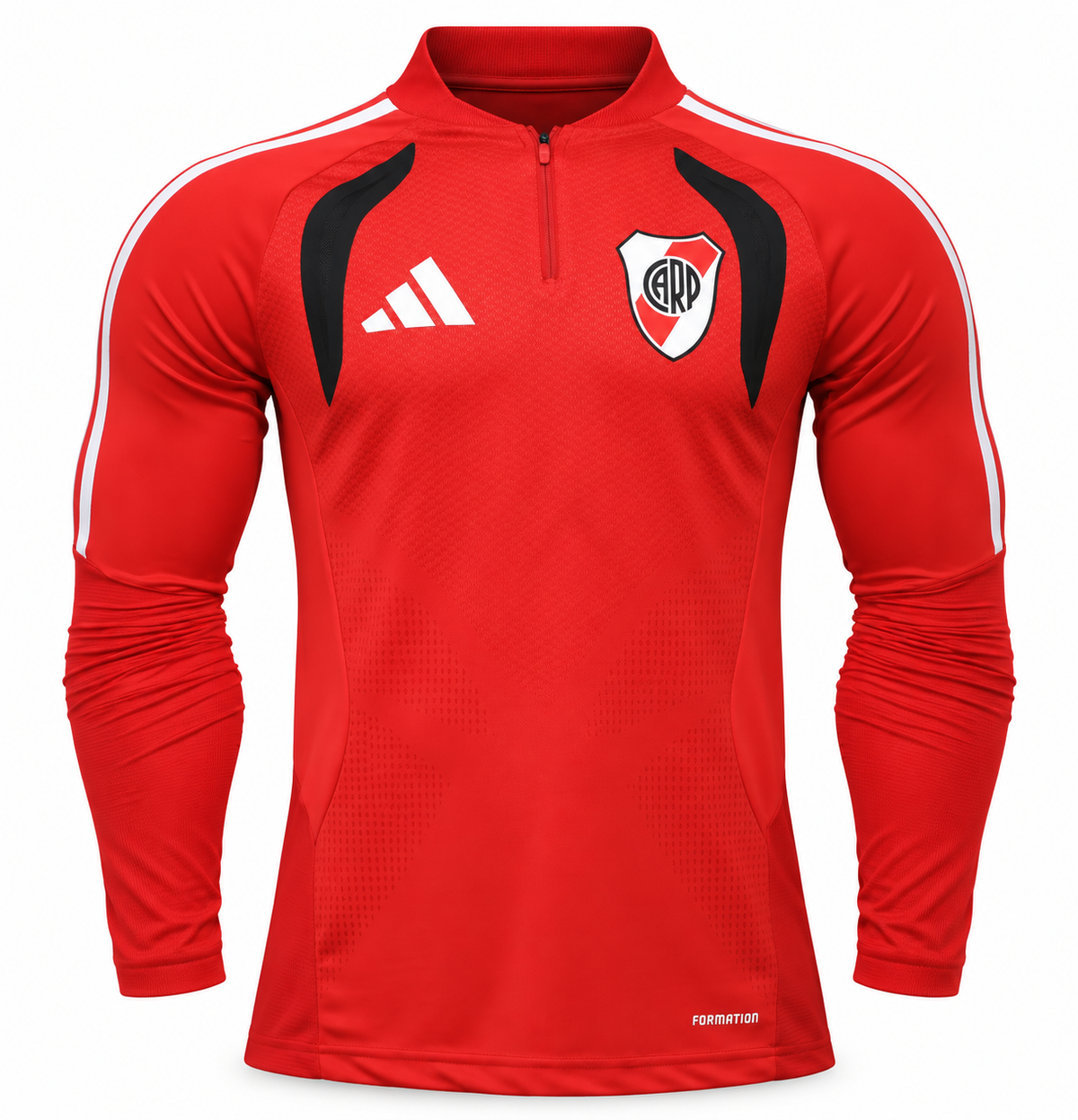 Fleece de entrenamiento de River Plate rojo con medio cierre, rayas blancas en los hombros y paneles negros al pecho