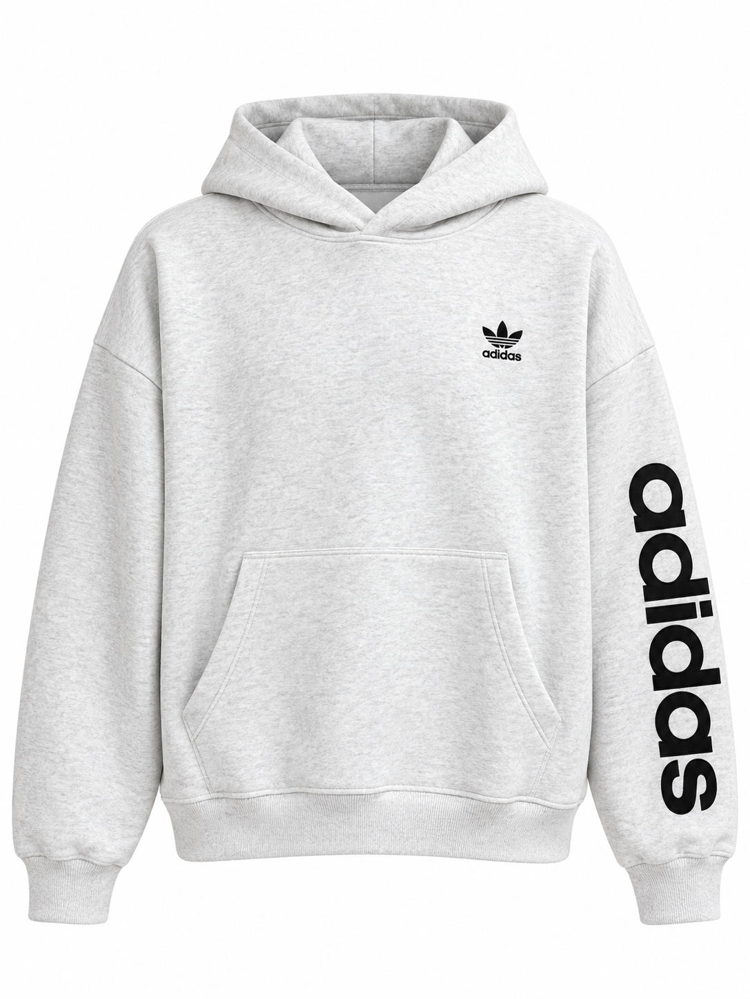 Hoodie gris Adidas Originals con el trébol al pecho, de frente