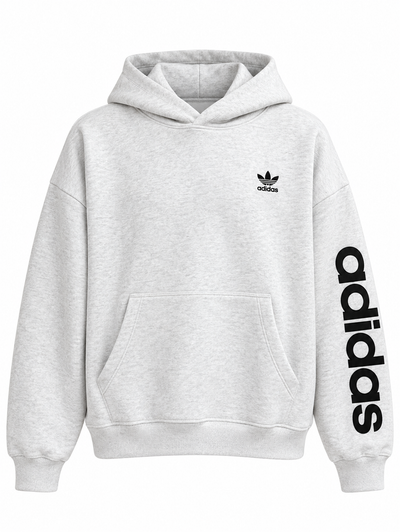 Hoodie gris Adidas Originals con el trébol al pecho, de frente