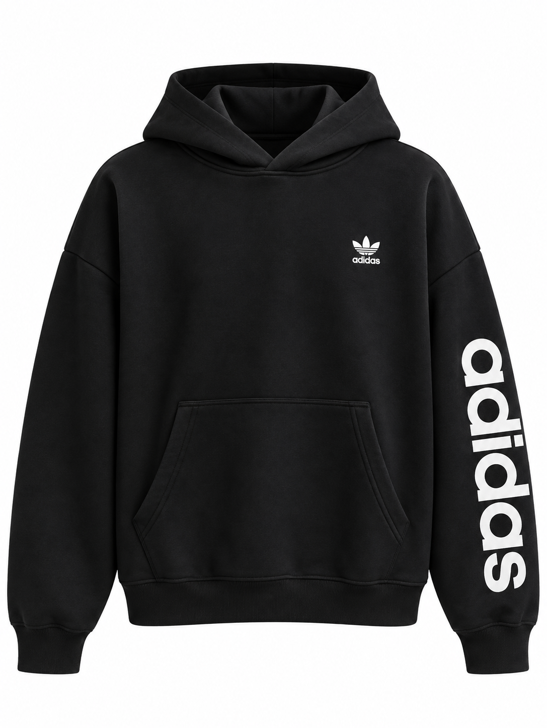 Moletom preto Adidas Trefoil com o trevo no peito, de frente