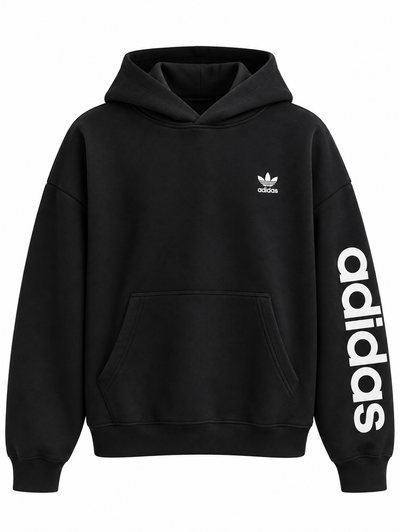 Hoodie negro Adidas Originals con el trébol al pecho, de frente