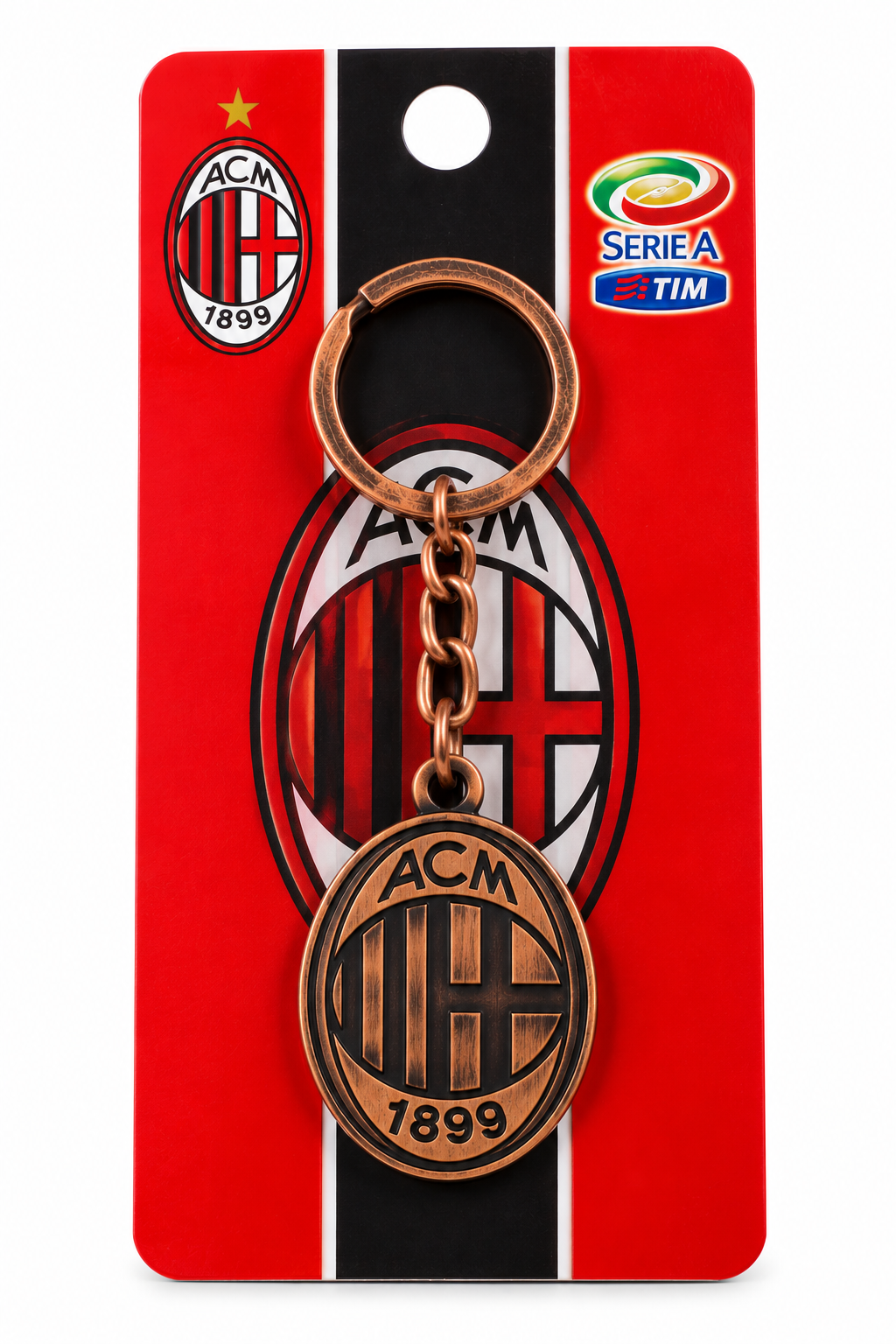 Chaveiro do AC Milan com o escudo ACM 1899 em metal cor de cobre, no cartão vermelho e preto