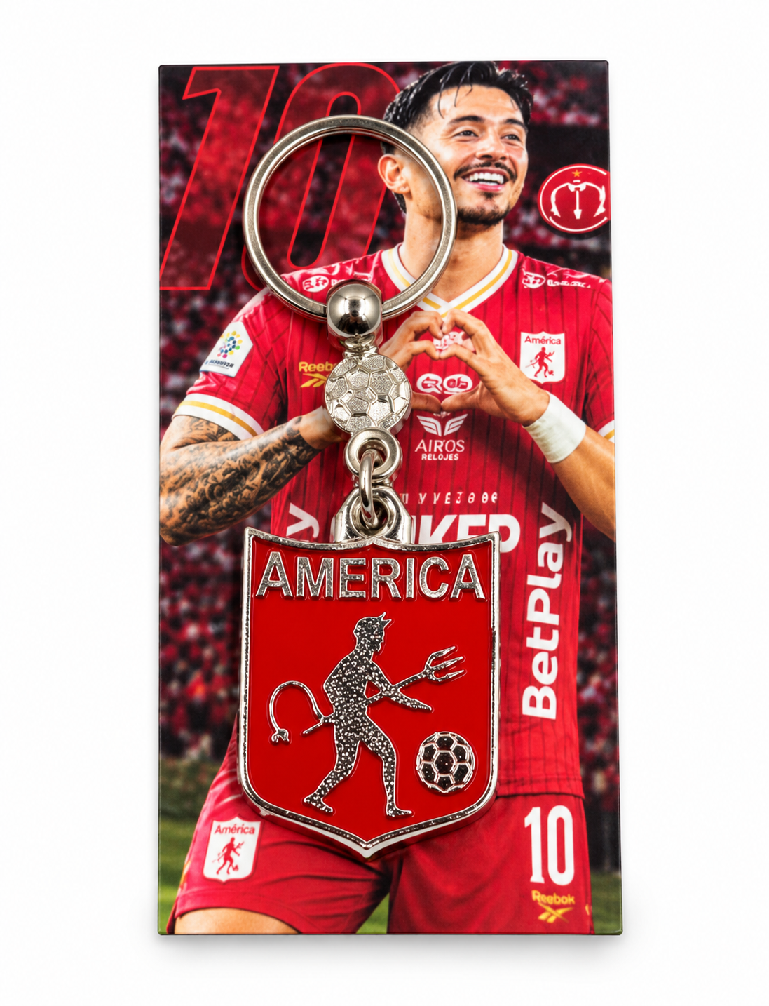 Llavero de América de Cali con el escudo rojo del diablo en metal plateado, con argolla y dije de balón