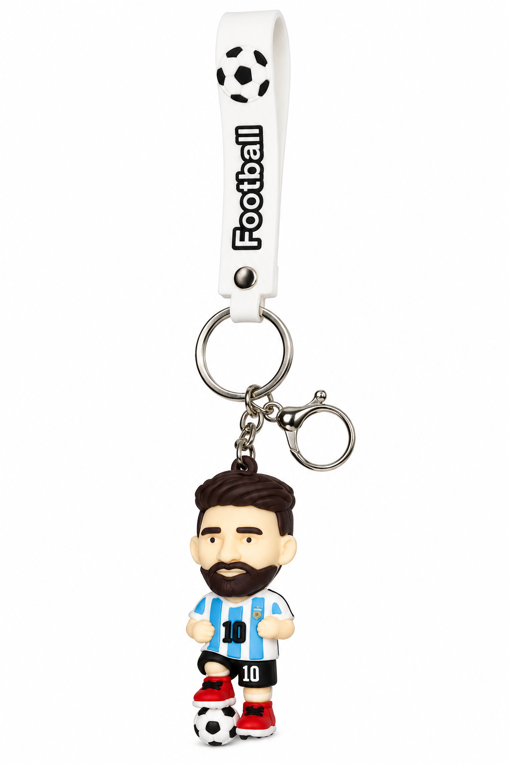 Rubber Messi keychain with the sky blue and white Argentina jersey and the 10, white strap
