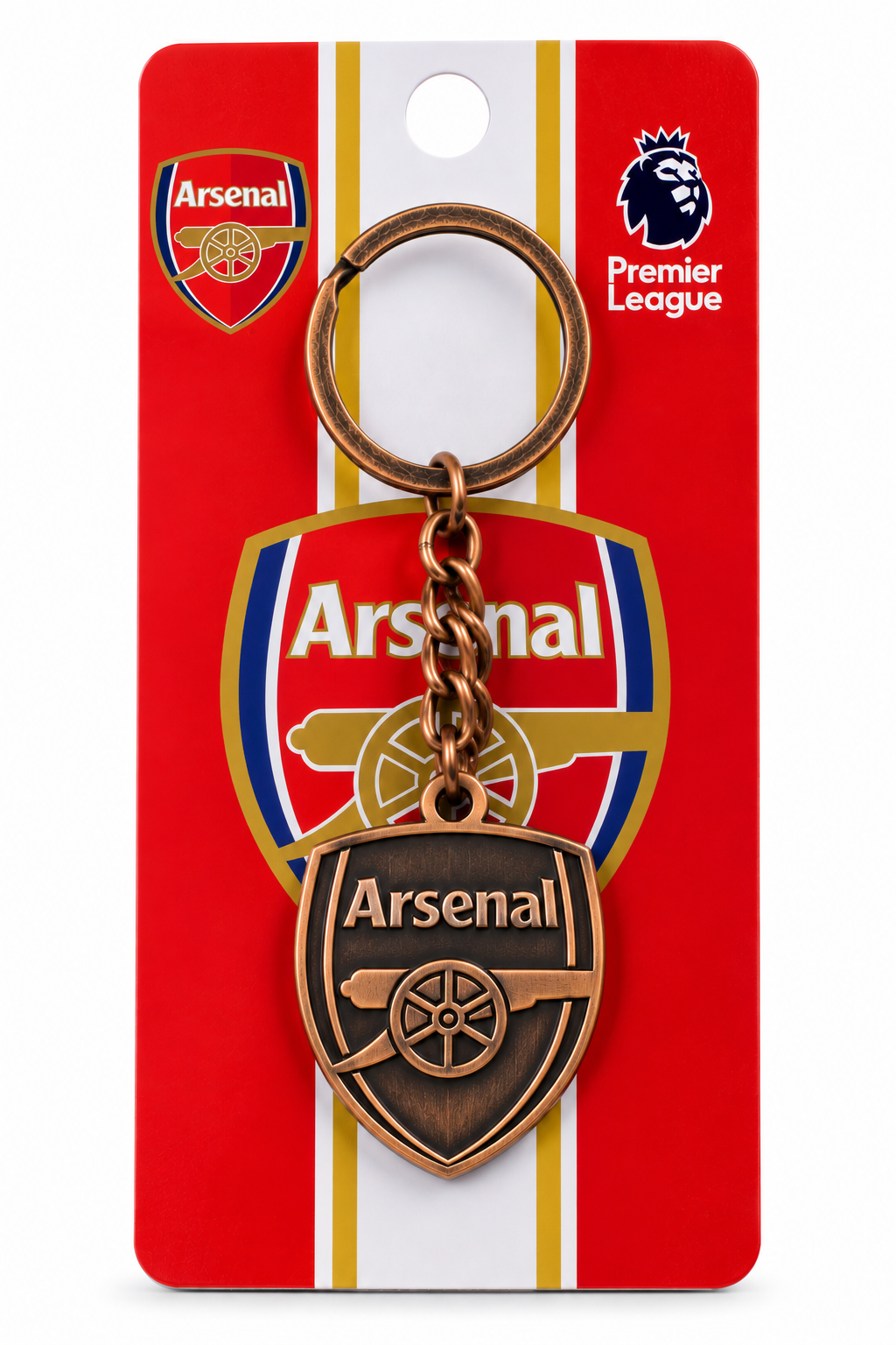 Chaveiro do Arsenal com o escudo do canhão em metal cor de cobre, no cartão vermelho e branco