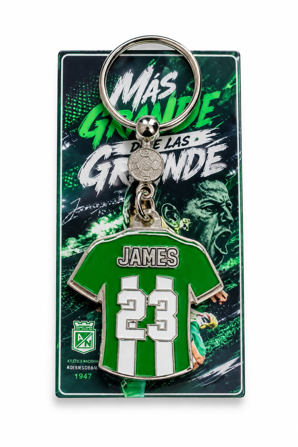 Llavero de Atlético Nacional con la camiseta de James 23 en metal plateado