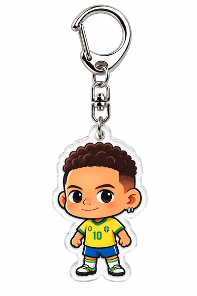 Acrylic Neymar keychain with the yellow Brazil jersey, the 10 and blue shorts