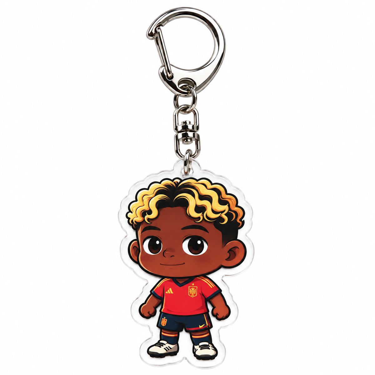 Acrylic Lamine Yamal keychain with the red Spain jersey and navy shorts