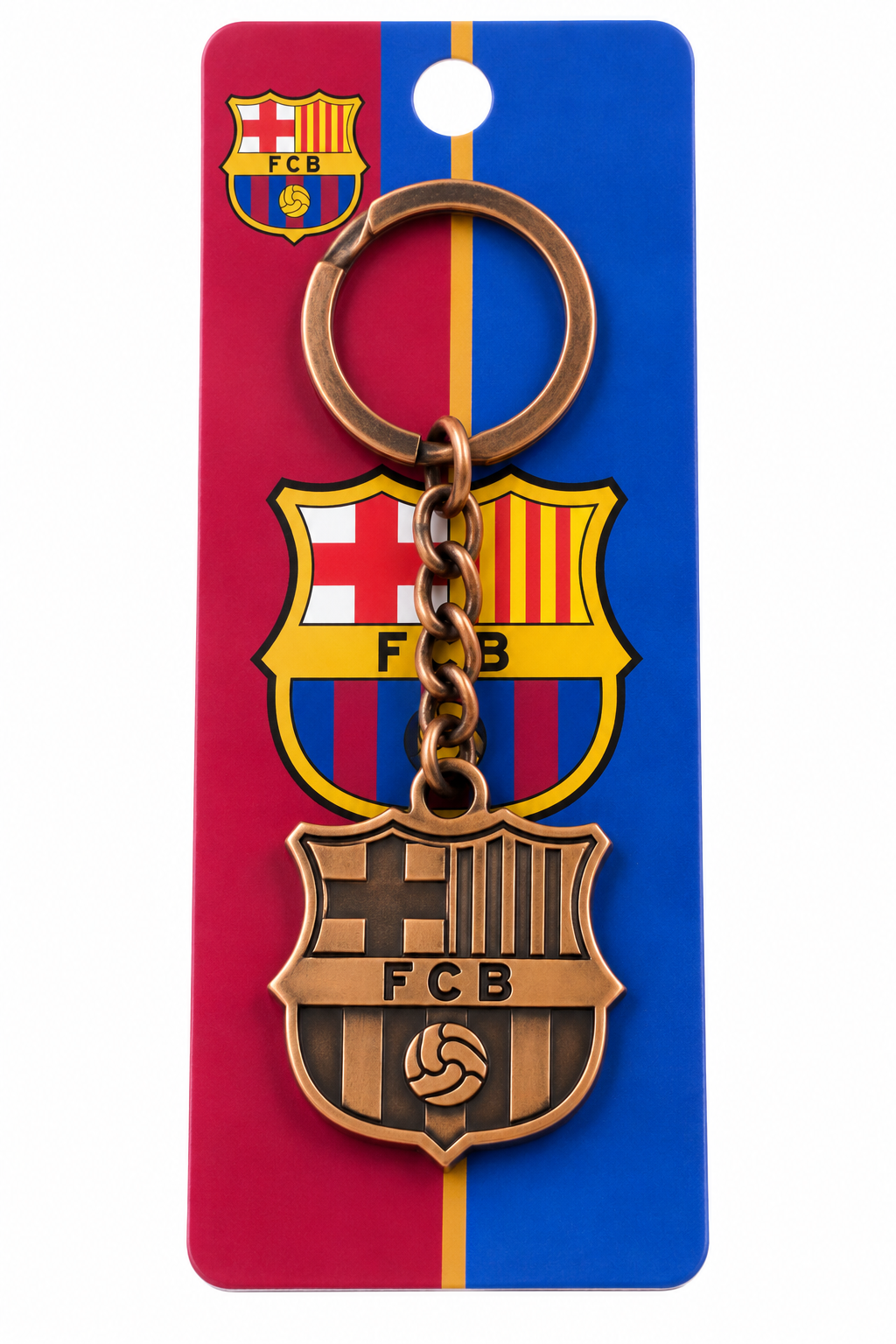 Chaveiro do FC Barcelona com o escudo FCB em metal cor de cobre, no cartão azul e grená