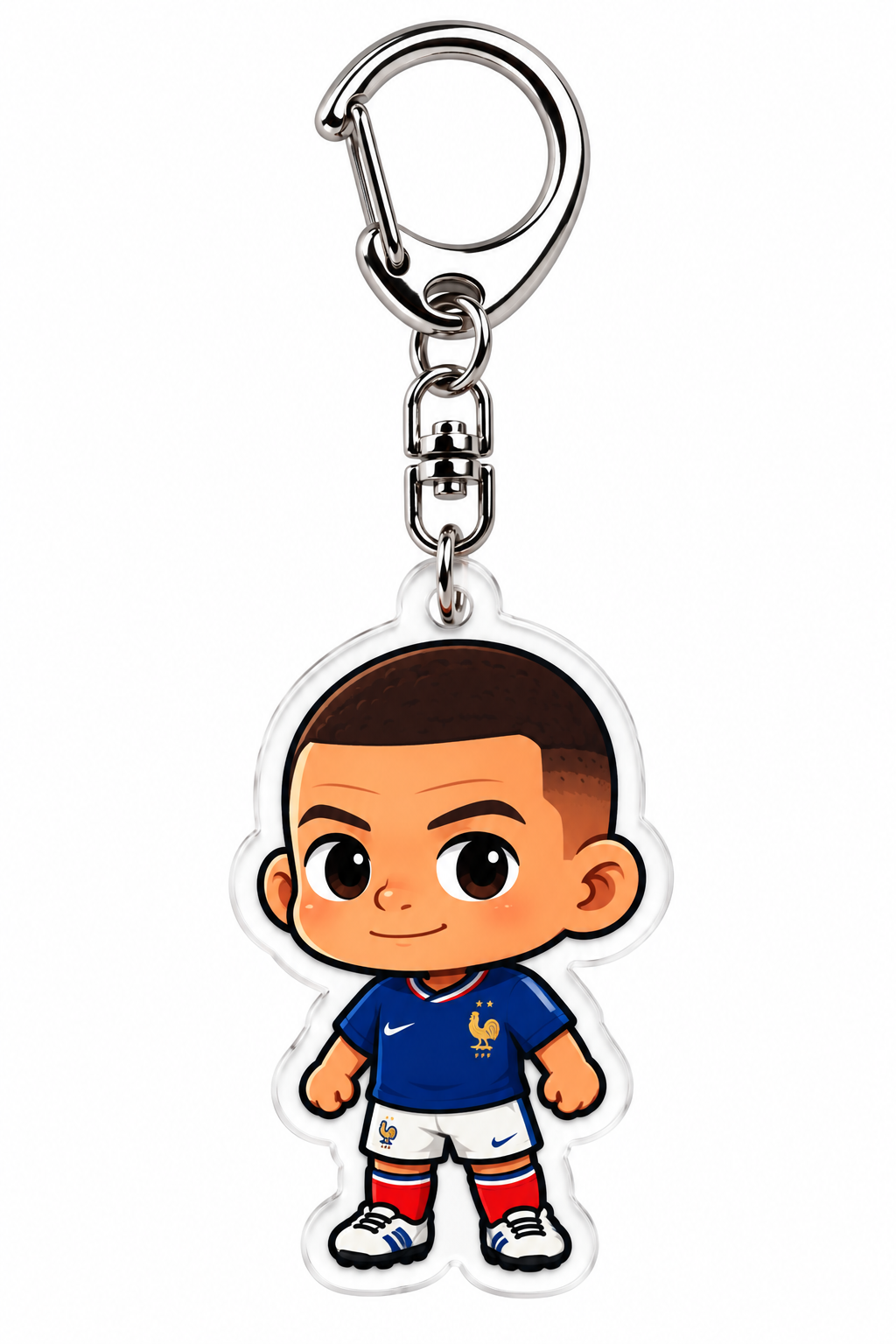 Acrylic Kylian Mbappé keychain with the blue France jersey, white shorts and red socks