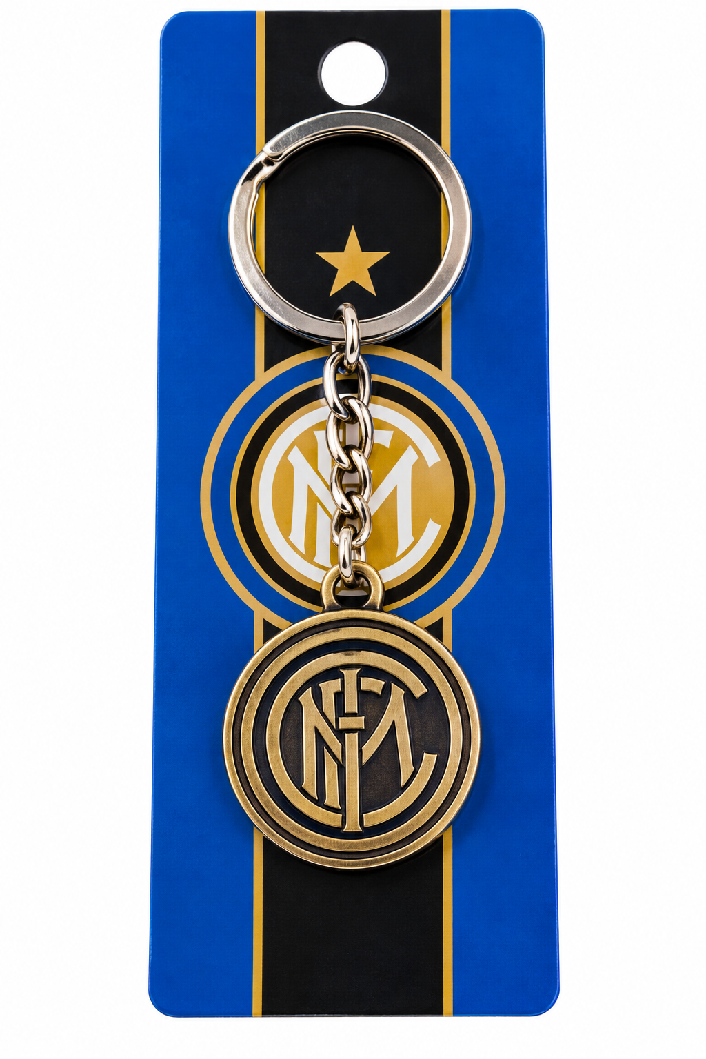 Inter Milan keychain with the IM crest in bronze-tone metal, on its blue and black card