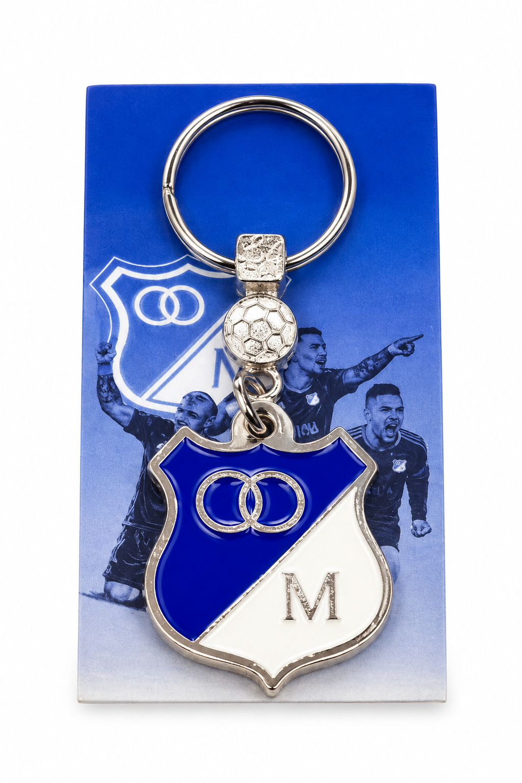 Millonarios keychain with the blue and white M crest in silver metal, with a key ring and football charm