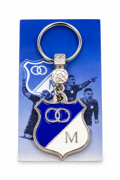 Llavero de Millonarios con el escudo azul y blanco de la M en metal plateado, con argolla y dije de balón
