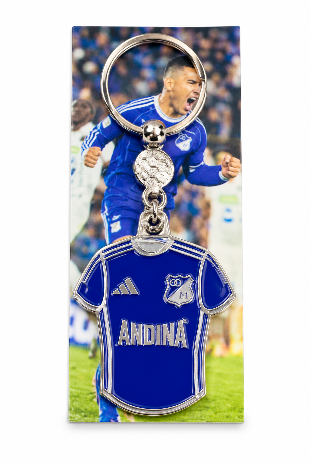 Millonarios keychain with the blue jersey and crest in silver metal