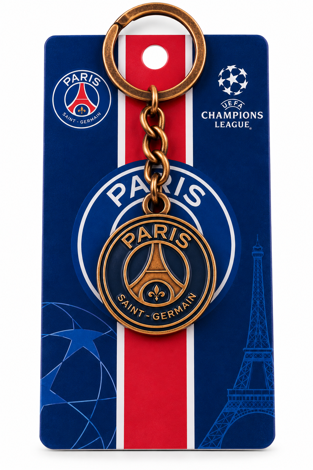 Chaveiro do PSG com o escudo da Torre Eiffel em metal cor de cobre, no cartão azul