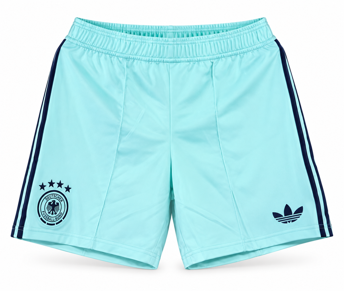 Aqua Germany shorts with three navy stripes, the crest and the Adidas trefoil