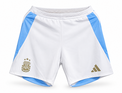 Calção branco e celeste da Argentina com painéis celestes e escudo dourado, escudo e o logo da Adidas