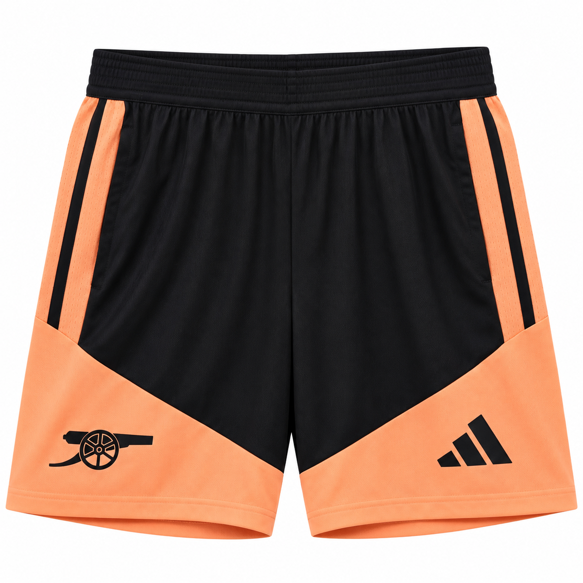Pantaloneta negra del Arsenal con paneles naranja abajo, tres rayas negras a los lados, cañón y logo de Adidas
