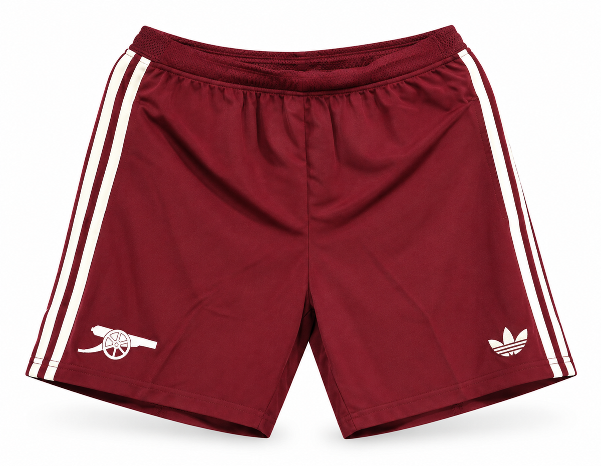 Burgundy Arsenal shorts with three white stripes and the cannon, the crest and the Adidas trefoil