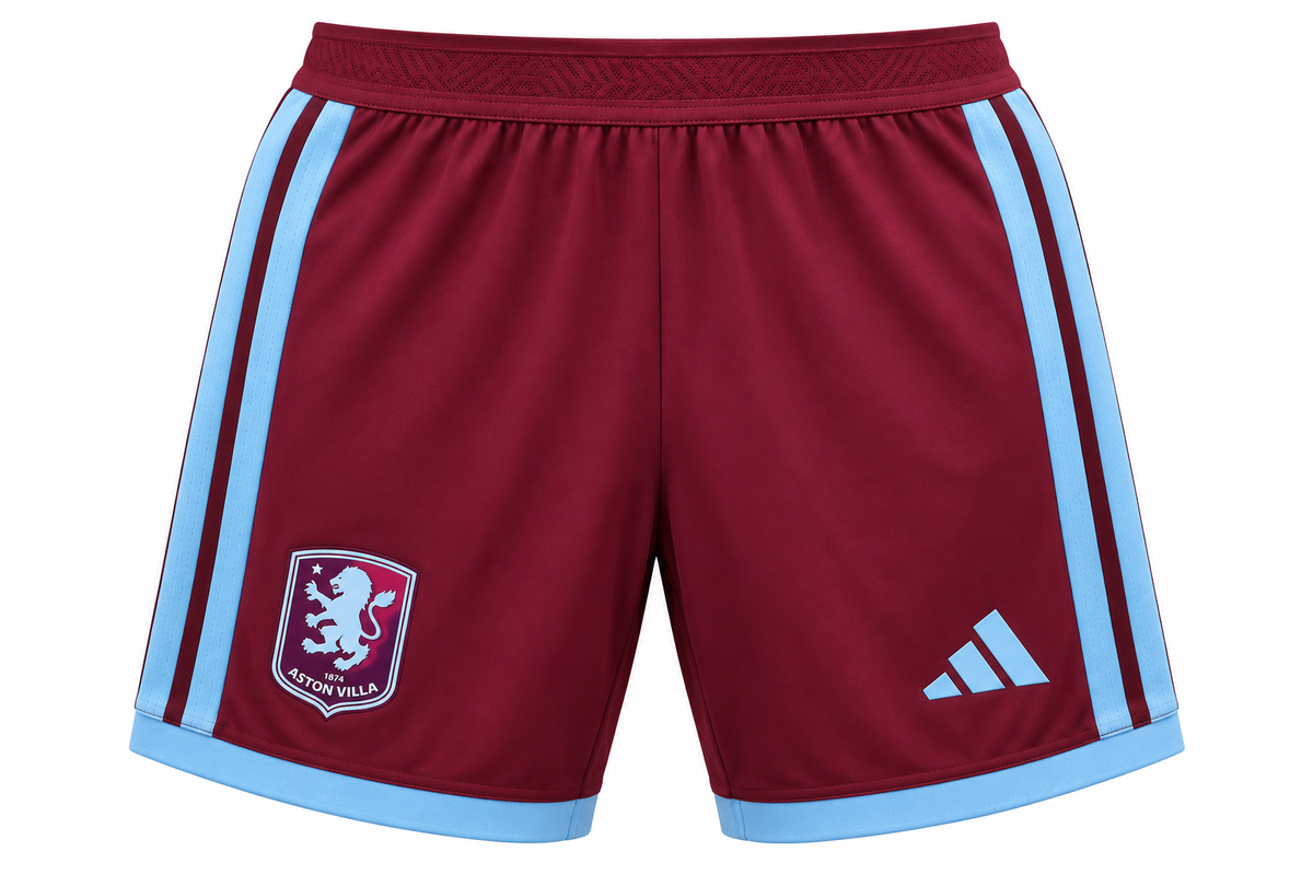Pantaloneta de fútbol del Aston Villa vinotinto con laterales celestes y el escudo del club