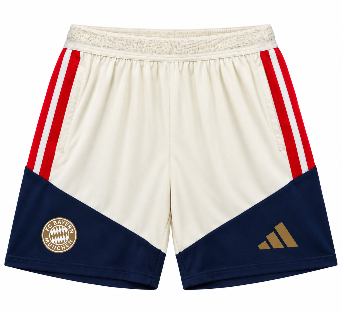 Pantaloneta crema del Bayern Múnich con paneles azul marino abajo, rayas rojas a los lados y escudo dorado