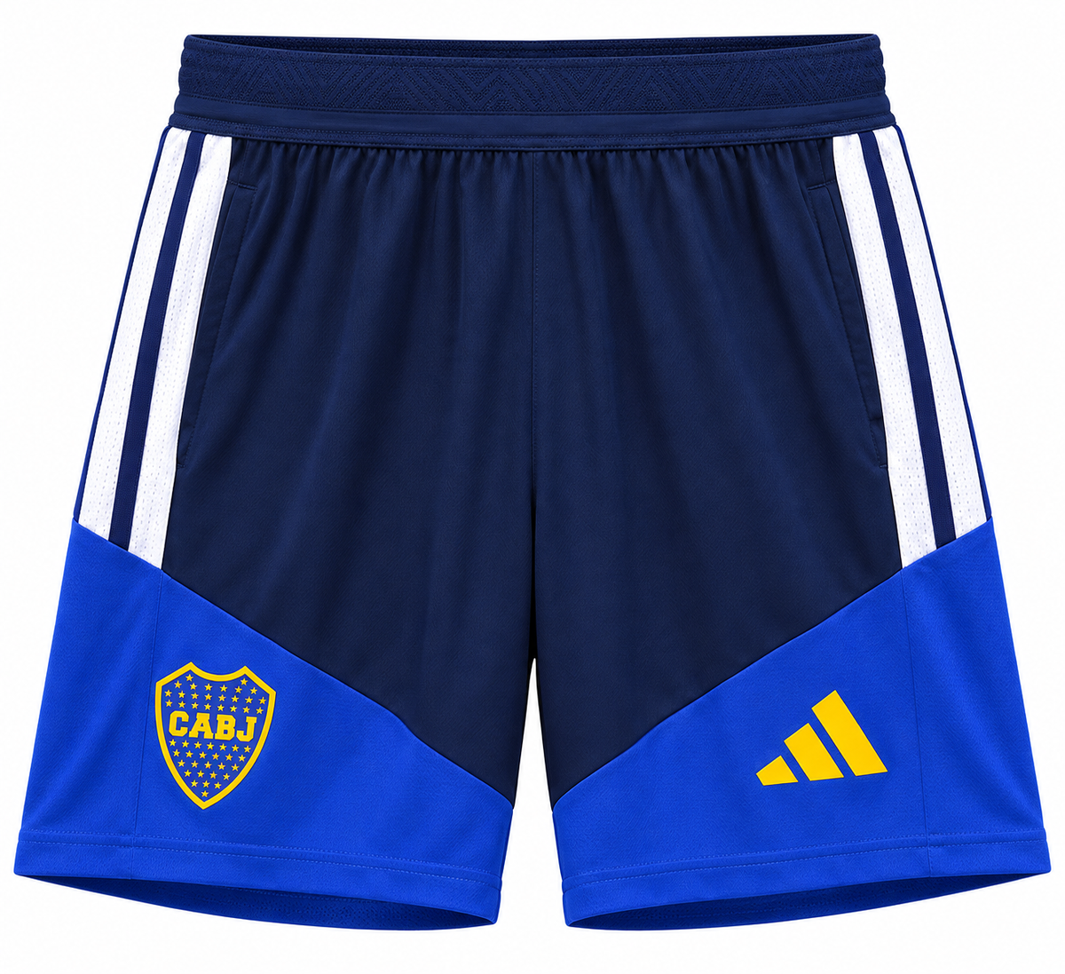 Pantaloneta de Boca Juniors azul oscuro con bloque azul rey, escudo y tres rayas blancas