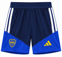 Calção do Boca Juniors azul-marinho com bloco azul royal, escudo e três listras brancas