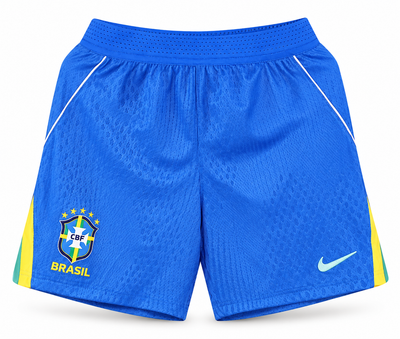 Calção azul do Brasil com faixa verde e amarela na lateral, escudo e o logo da Nike