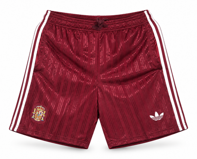 Pantaloneta vinotinto retro de España con escudo dorado y corte retro, escudo y el trébol de Adidas