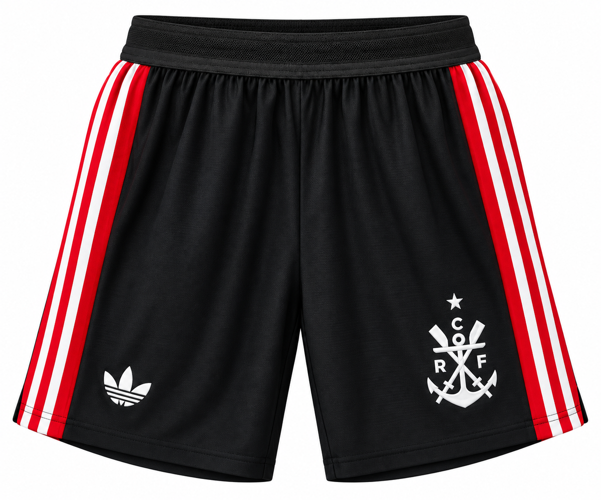 Pantaloneta negra de Flamengo con el escudo de remo y ancla y franjas rojas y blancas
