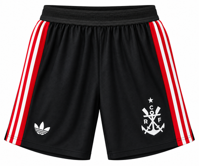 Calção preto do Flamengo com o escudo de remo e âncora e listras vermelhas e brancas