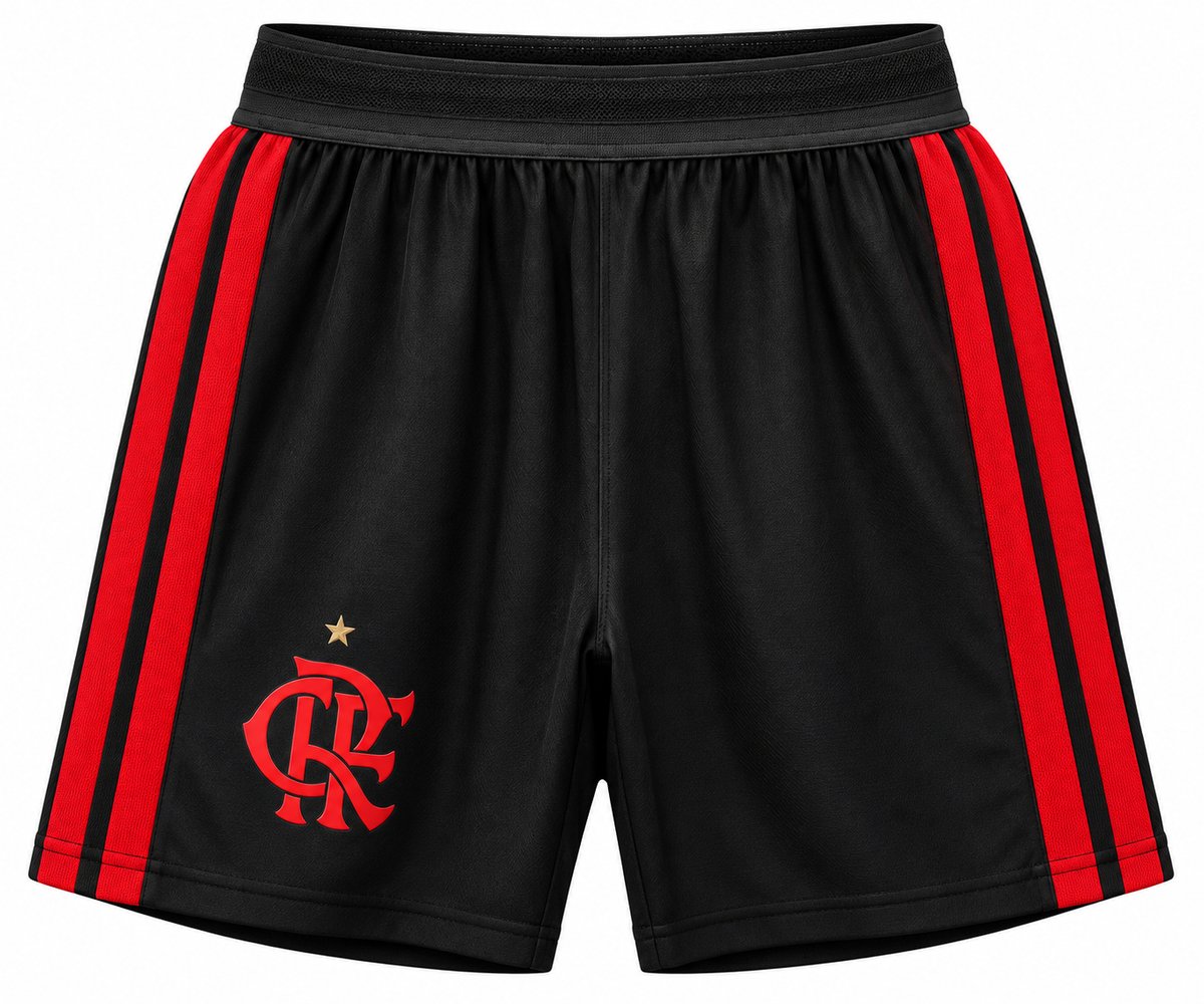 Pantaloneta negra de Flamengo con franjas rojas a los lados y el escudo CRF rojo